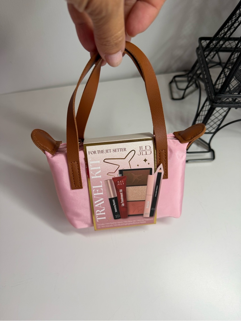 Pink Mini Travel Cosmetic Bag with Brown Handles